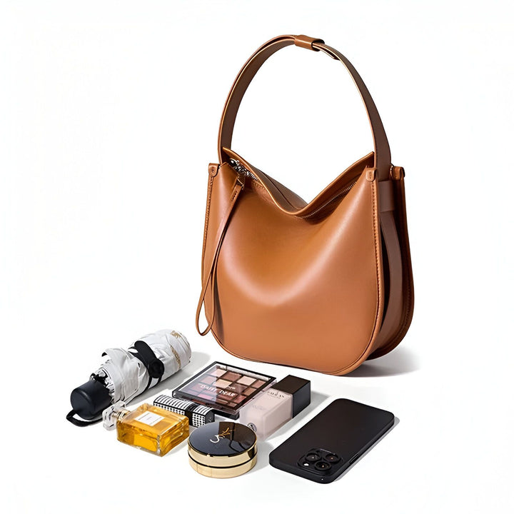 Sac à main marron en cuir avec parapluie, parfum, maquillage et téléphone, 46193857102048,46193857167584,46193857200352,46193857233120