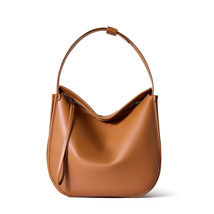 Sac à main marron en cuir, forme hobo, avec bandoulière unique et fermeture éclair, sur fond blanc., 46193857102048,46193857167584,46193857200352,46193857233120
