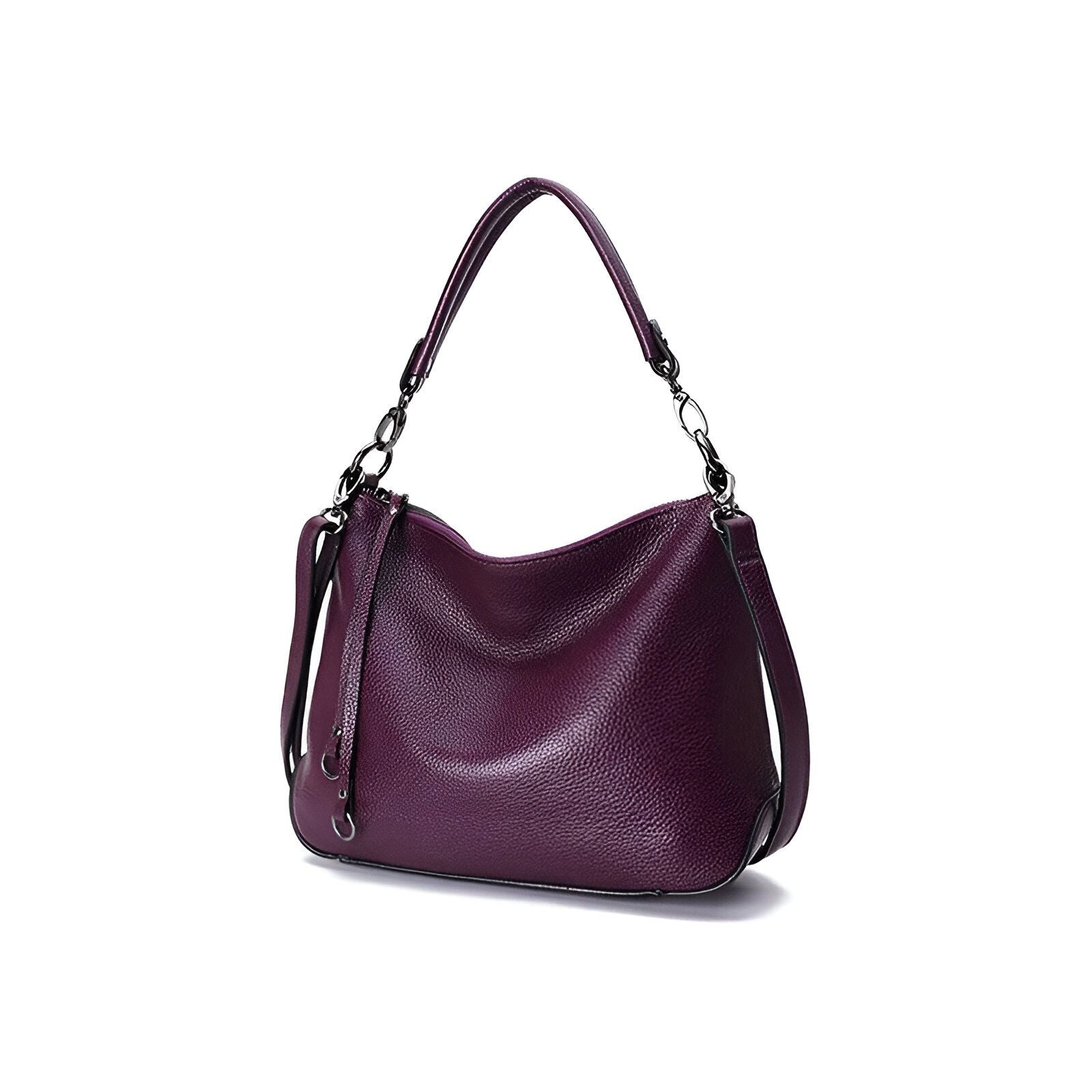 Sac à main en cuir violet foncé avec une bandoulière.