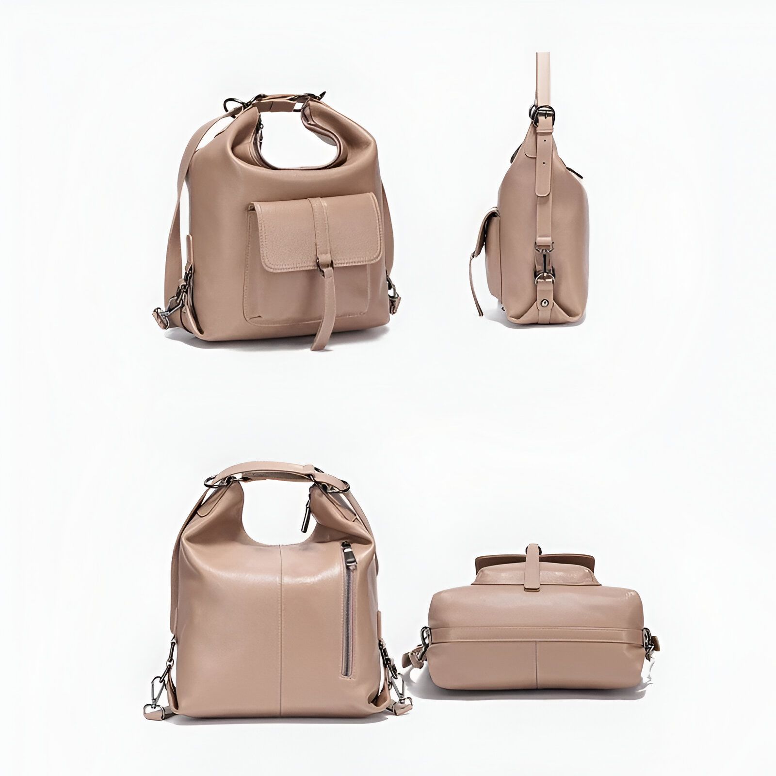 Sac à dos en cuir beige avec poche avant, présenté sous différents angles.