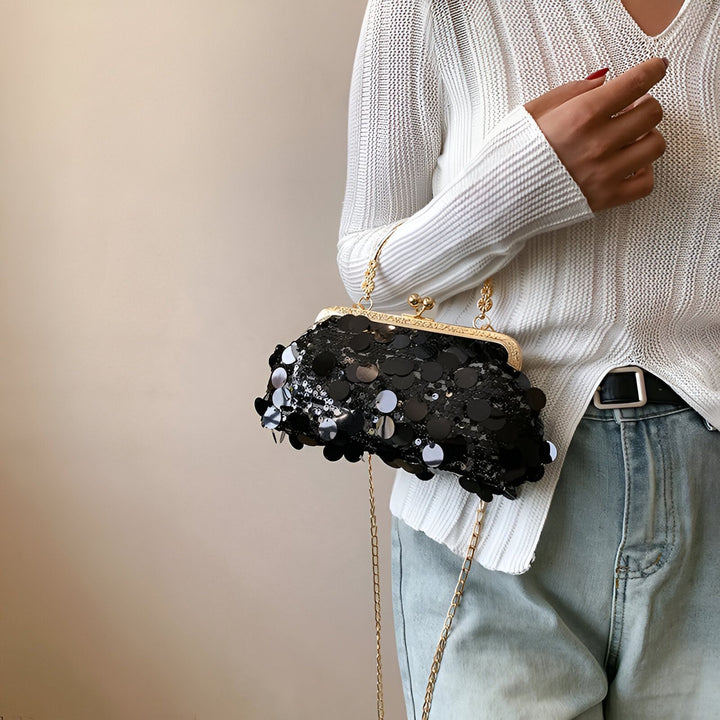 Pochette noire à sequins avec chaîne dorée, 46194028478688,46194028511456