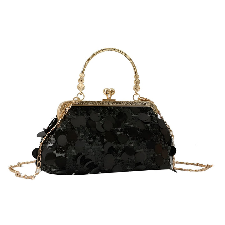 Pochette noire à paillettes avec fermoir, anse et chaîne dorés., 46194028478688,46194028511456
