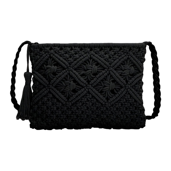 Sac noir en macramé avec motif tressé, bandoulière et pompon., 46193947640032,46193947672800,46193947705568