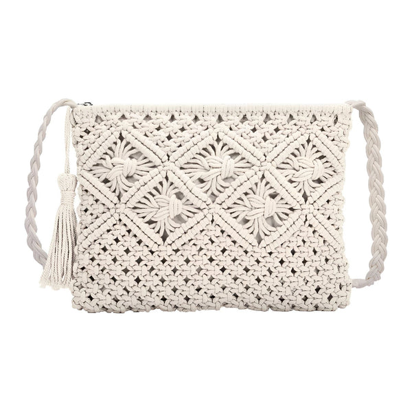 Sac bandoulière blanc en macramé avec motif et pompon., 46193947640032,46193947672800,46193947705568