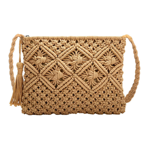 Pochette beige en macramé avec motif géométrique, dragonne tressée et pompon., 46193947640032,46193947672800,46193947705568