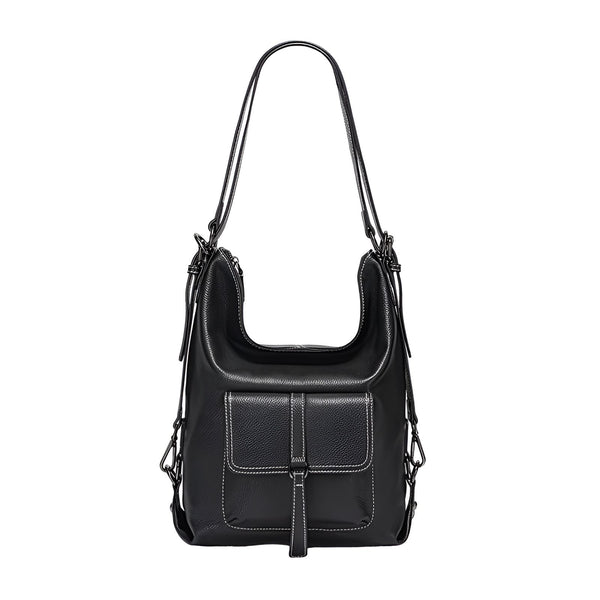 Sac à main noir hobo en cuir grainé avec poche frontale et coutures blanches., 46193840029920,46193840062688,46193840095456,46193840128224,46193840160992