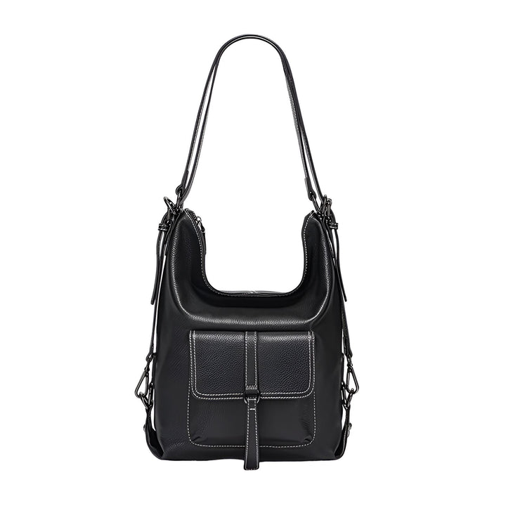 Sac à main noir hobo en cuir grainé avec poche frontale et coutures blanches., 46193840029920,46193840062688,46193840095456,46193840128224,46193840160992