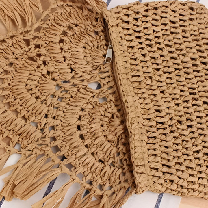 Sac en paille tressé beige avec franges et fermeture éclair, 46193921884384,46193921917152