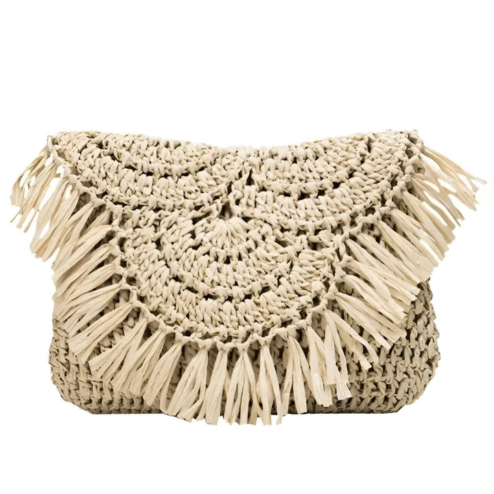 Pochette beige en paille tressée avec motif tissé et franges., 46193921884384,46193921917152