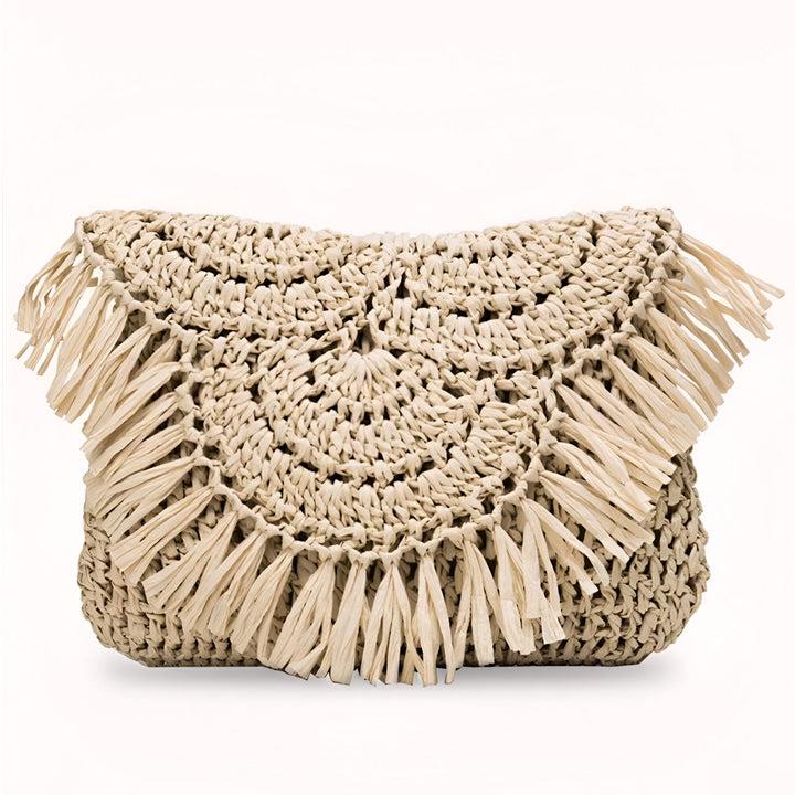 Pochette beige en paille tressée avec franges, 46193921884384,46193921917152