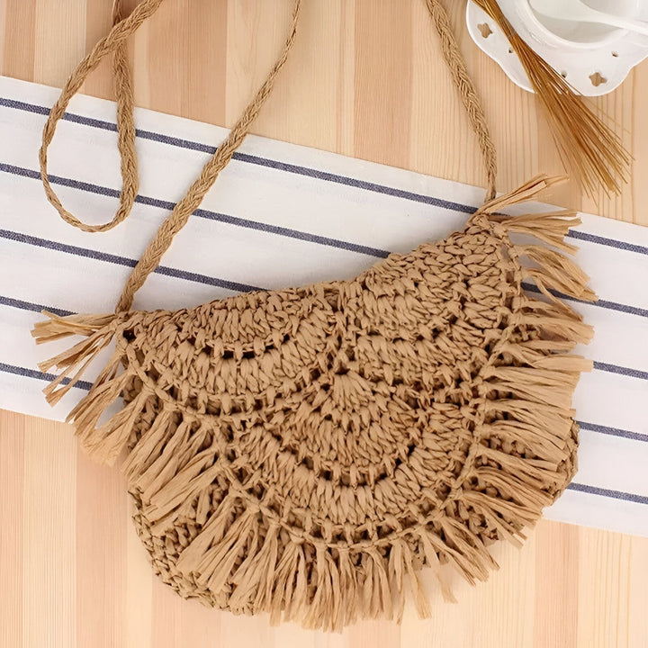 Sac bandoulière tressé en paille avec franges, 46193921884384,46193921917152