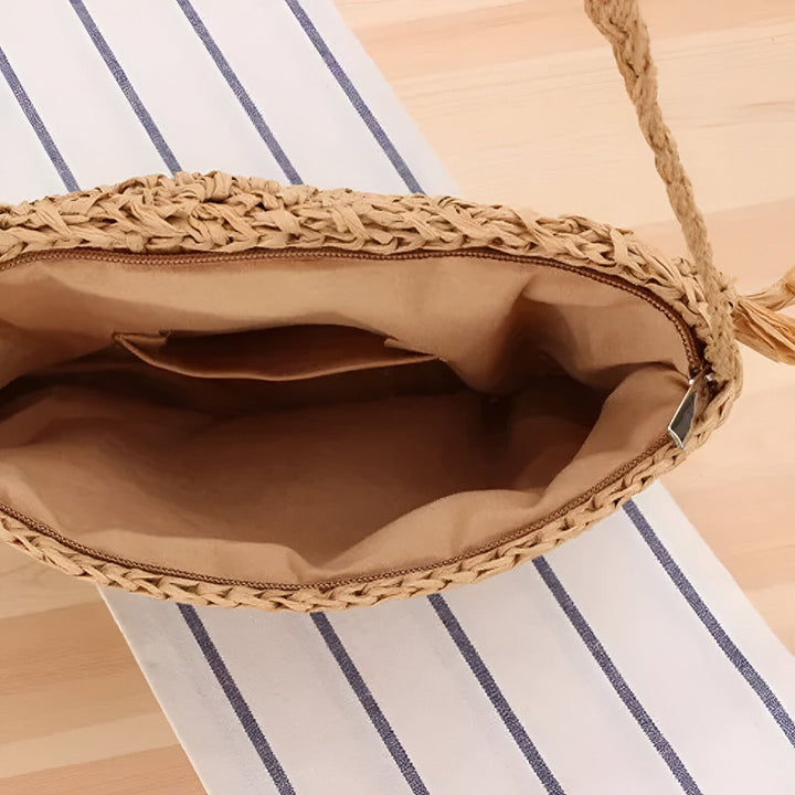 Sac en paille tressée ouvert, intérieur doublé tissu et poche., 46193921884384,46193921917152