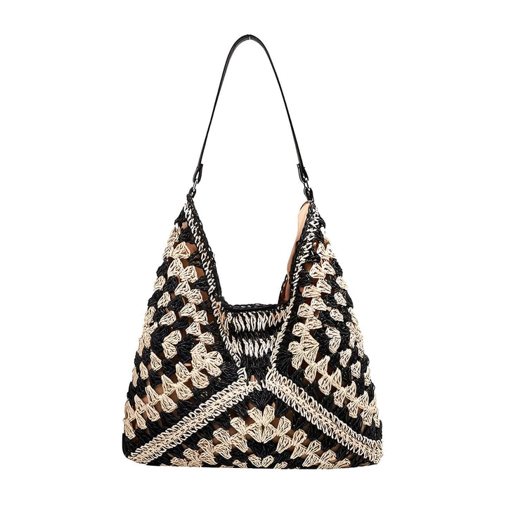 Sac cabas tressé bicolore noir et beige à motif floral, anse en cuir noir, 46193948721376,46193948754144