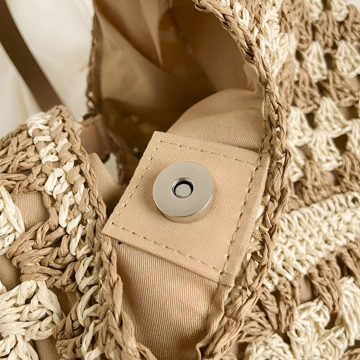 Sac en paille tressée avec doublure et fermeture magnétique, 46193948721376,46193948754144