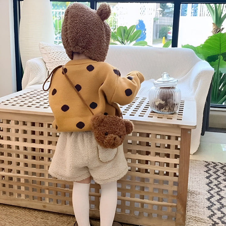 Tenue enfant : pull jaune à pois, short teddy, bonnet et sac ourson., 46193981587680,46193981620448
