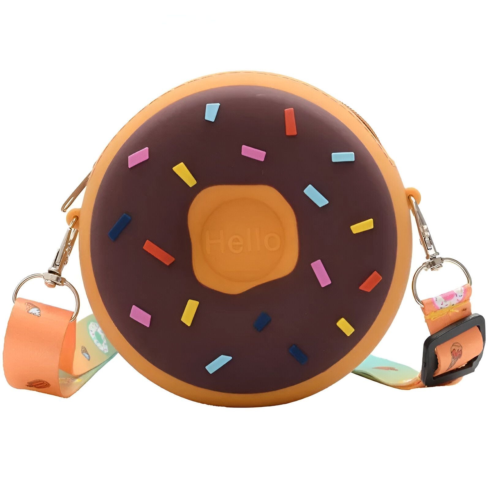 Sac à main en forme de donut avec glaçage au chocolat et des pépites colorées.  Le sac a une sangle orange et un fermoir en métal.  Il y a un mot "Hello" sur le devant du sac.