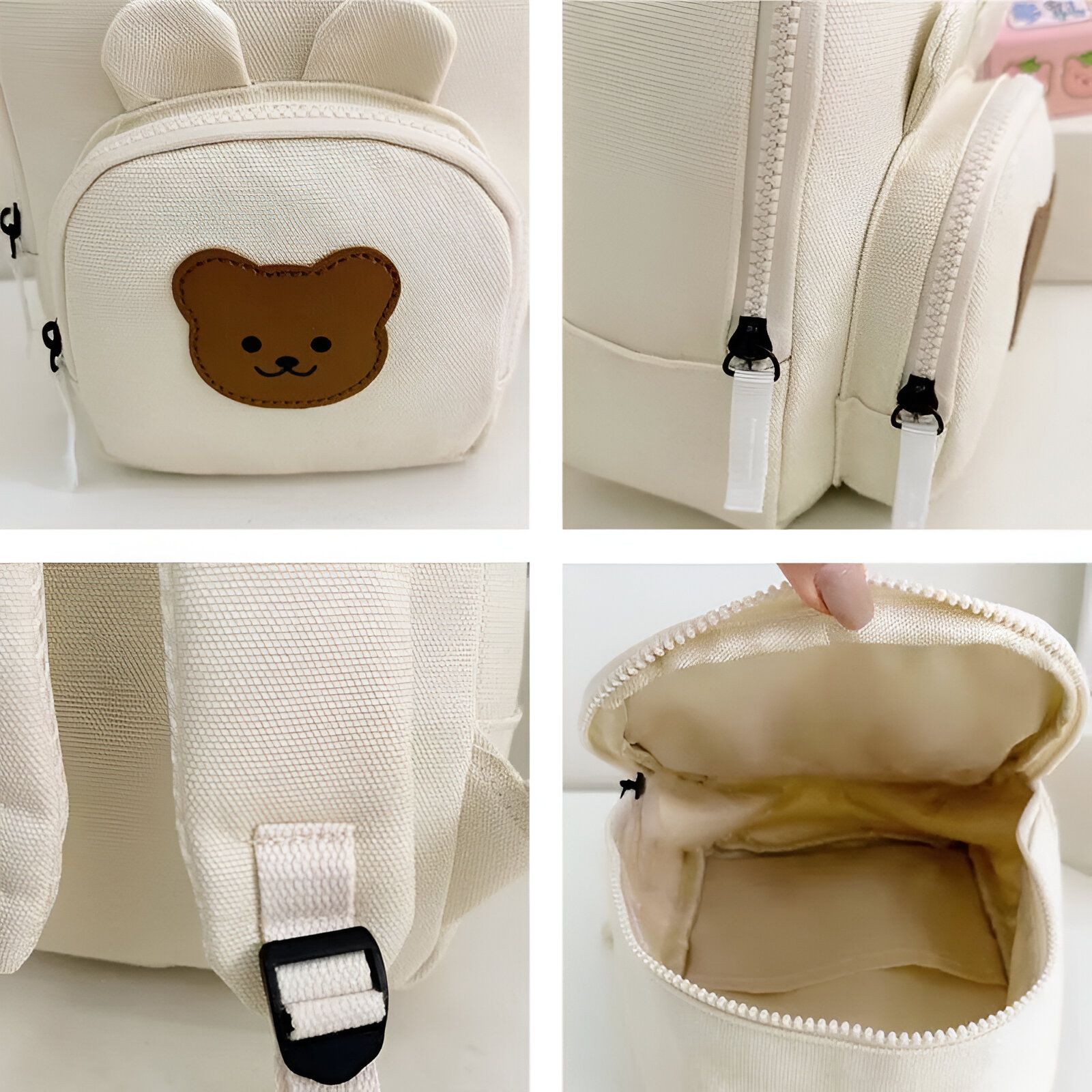 Un sac à dos en toile beige avec une petite tête d'ours marron sur le devant. Le sac à dos a deux fermetures éclair et une petite poche sur le devant. Le sac à dos est parfait pour les enfants.