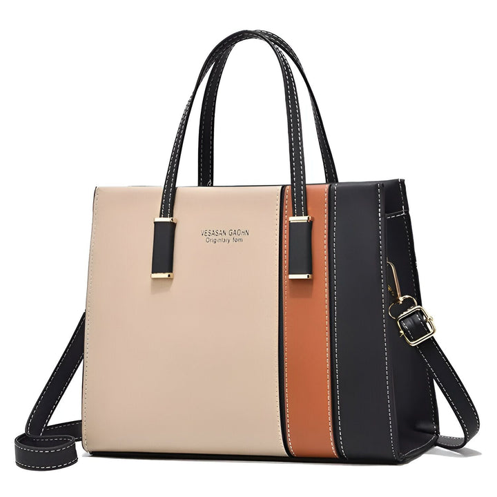 Sac à main tricolore (beige, marron, noir) avec poignées et bandoulière, 46193873879264,46193873912032,46193873944800,46193873977568