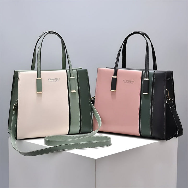 Deux sacs à main bicolores, un rose/noir, l'autre beige/vert, avec anses et bandoulière., 46193873879264,46193873912032,46193873944800,46193873977568