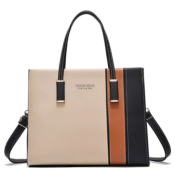 Sac à main structuré beige, marron, noir à rayures verticales et bandoulière., 46193873879264,46193873912032,46193873944800,46193873977568
