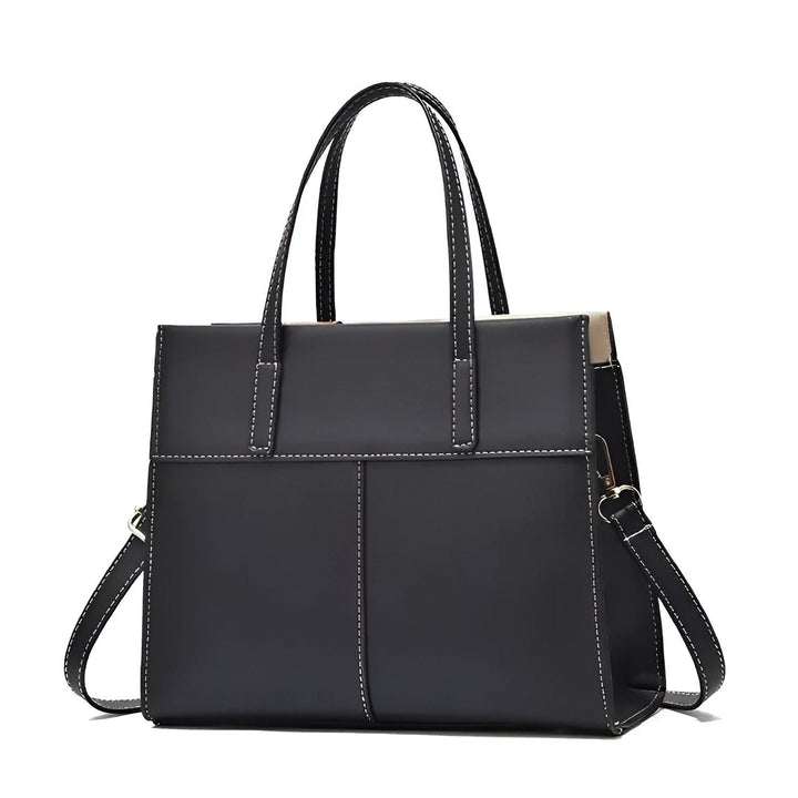 Sac à main noir rectangulaire avec anses, bandoulière et coutures blanches., 46193873879264,46193873912032,46193873944800,46193873977568