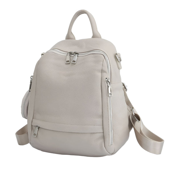 Sac à dos en cuir gris clair avec plusieurs fermetures éclair et lanières, 46193848680672,46193848713440,46193848746208,46193848778976,46193848811744,46193848844512