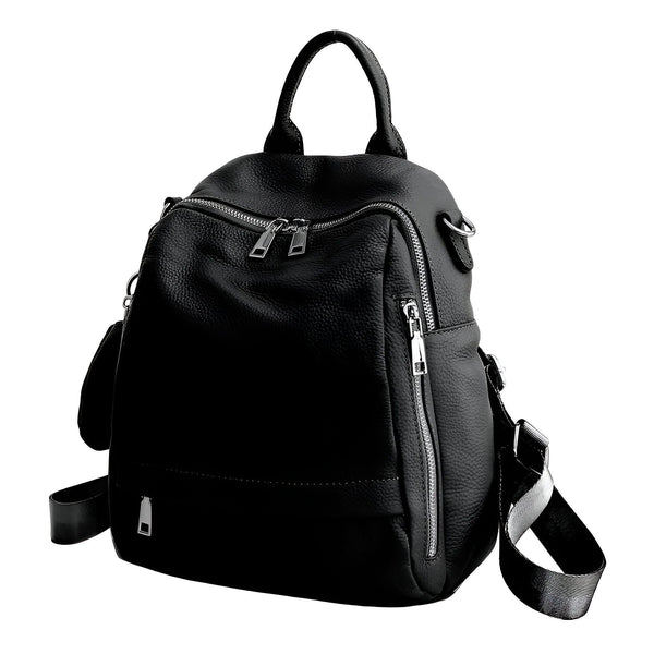 Sac à dos en cuir noir avec zips argentés, poignée et bretelles., 46193848680672,46193848713440,46193848746208,46193848778976,46193848811744,46193848844512