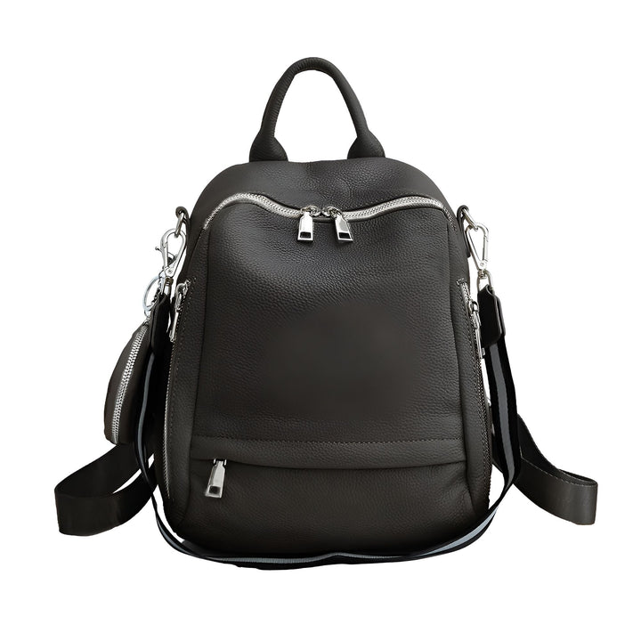 Sac à dos cuir noir avec fermetures éclair argentées, bretelles et petite pochette., 46193848680672,46193848713440,46193848746208,46193848778976,46193848811744,46193848844512