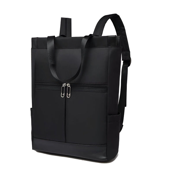 Sac à dos noir avec poignée supérieure, bretelles, poche frontale zippée et poches latérales., 46193874665696,46193874698464,46193874731232,46193874764000
