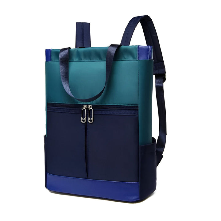 Sac à dos/tote bag bicolore bleu marine et vert canard, avec bretelles, poignées et poches zippées., 46193874665696,46193874698464,46193874731232,46193874764000