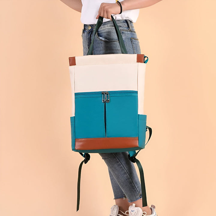 Sac à dos cabas tricolore crème, bleu et marron avec poignées vertes., 46193874665696,46193874698464,46193874731232,46193874764000