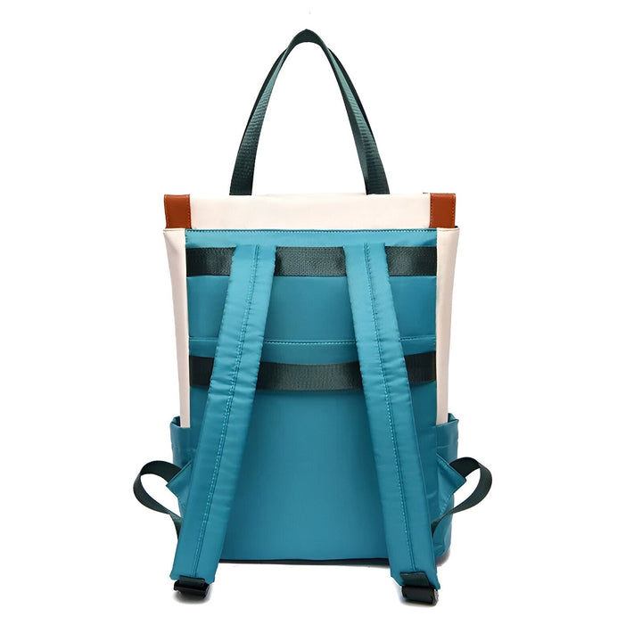 Sac à dos turquoise et blanc vu de dos, bretelles et poignées vertes, 46193874665696,46193874698464,46193874731232,46193874764000