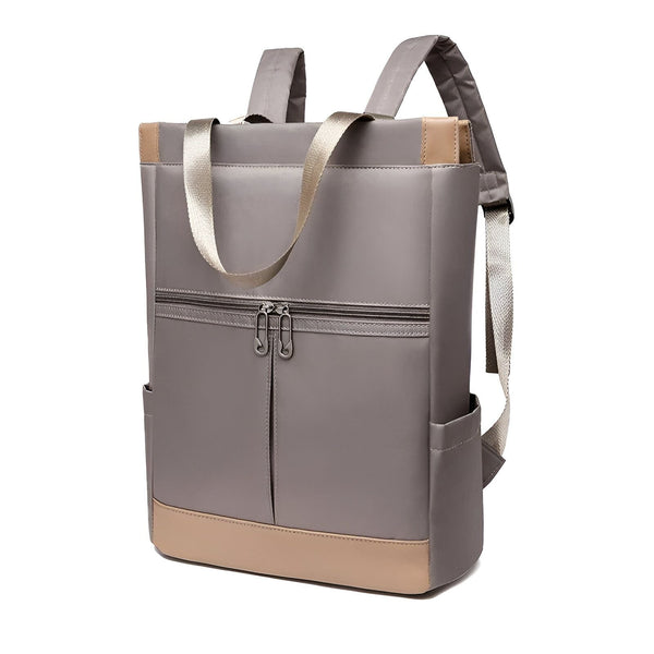 Sac à dos gris moderne avec accents beige et poches avant zippées, 46193874665696,46193874698464,46193874731232,46193874764000