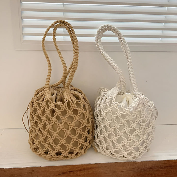 Deux sacs seau macramé beige et blanc, 46193948557536,46193948590304