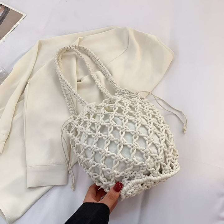 Sac blanc en macramé avec doublure, poignées et cordon, 46193948557536,46193948590304