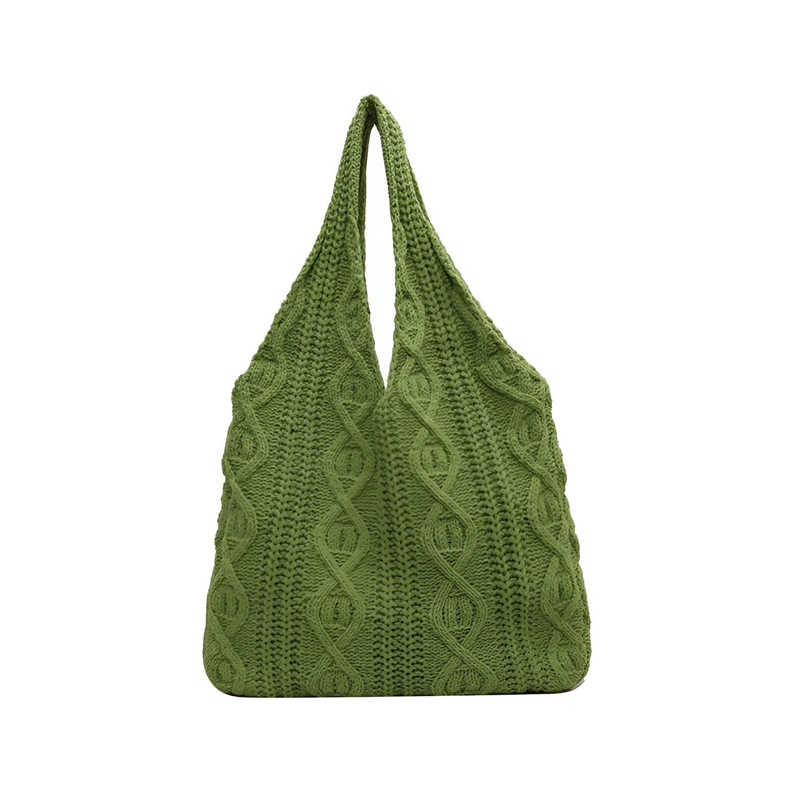 Sac à main vert en tricot avec un motif torsadé.