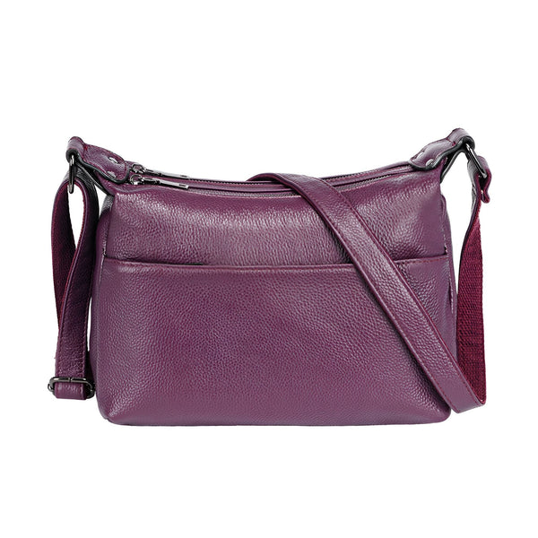 Sac bandoulière en cuir grainé violet avec fermeture éclair et poche frontale, 46193842487520,46193842520288,46193842553056,46193842585824