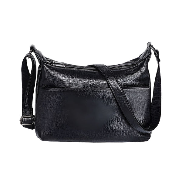 Sac à main bandoulière en cuir noir grainé avec sangle et fermetures éclair métalliques., 46193842487520,46193842520288,46193842553056,46193842585824