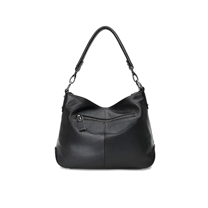 Sac à main en cuir noir texturé avec anse et poche zippée., 46193845993696,46193846026464,46193846059232,46193846092000,46193846124768