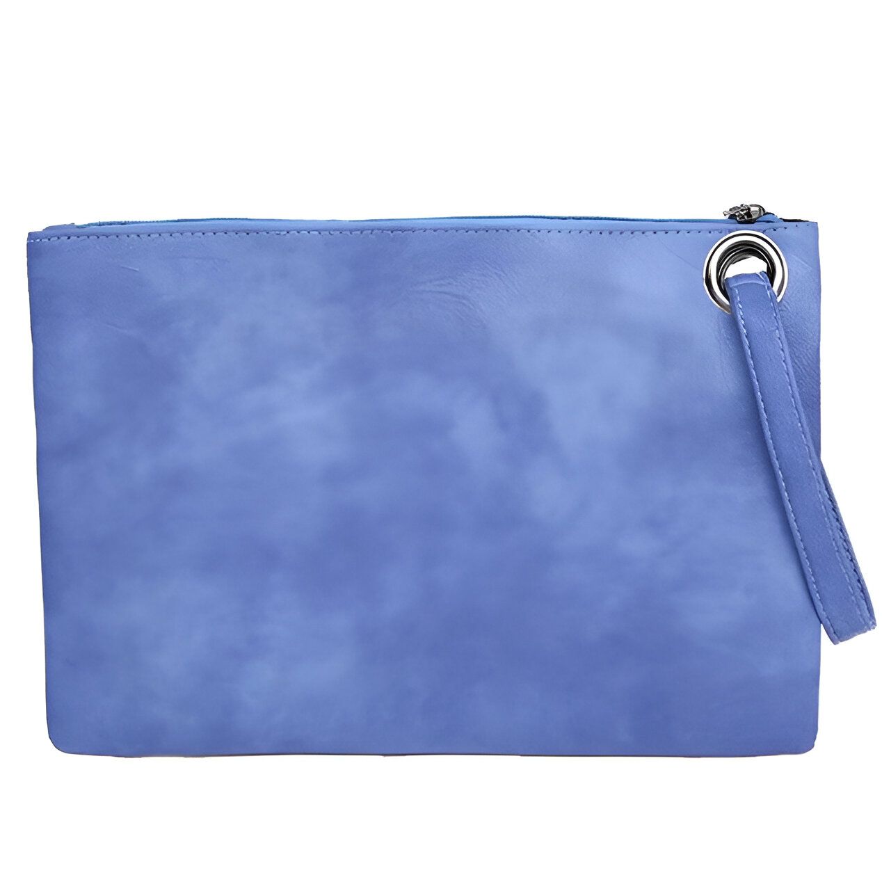 Pochette en cuir bleu clair avec une fermeture éclair et une sangle.