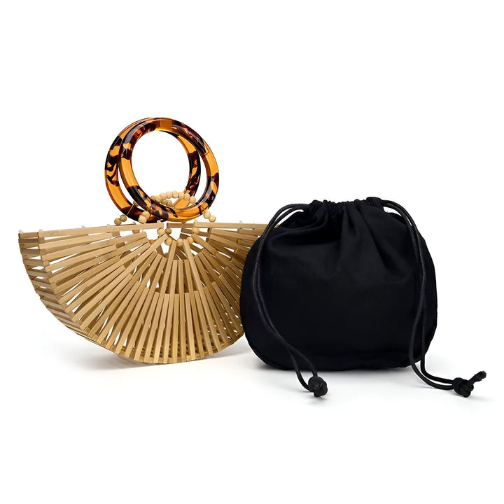 Sac en bambou en forme d'éventail avec anses effet écaille de tortue et pochette noire en tissu., 46194012651744,46194012684512