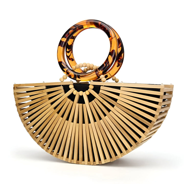 Sac à main éventail en bambou avec poignées rondes en résine imitation écaille et perles en bois., 46194012651744,46194012684512