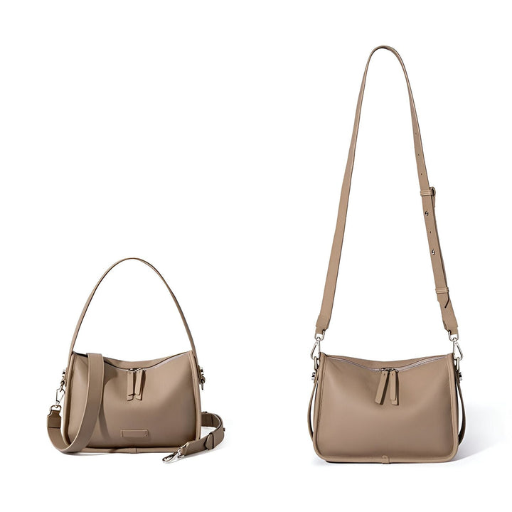 Sac à bandoulière en cuir beige avec fermeture éclair, porté épaule et croisé., 46193851039968,46193851072736