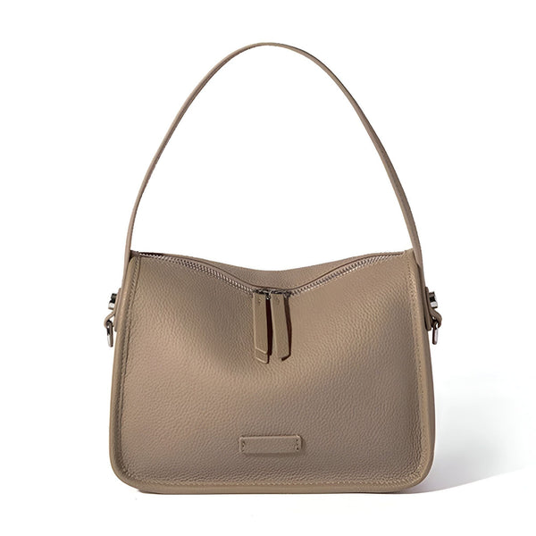 Sac à main en cuir taupe avec anse et fermeture éclair., 46193851039968,46193851072736