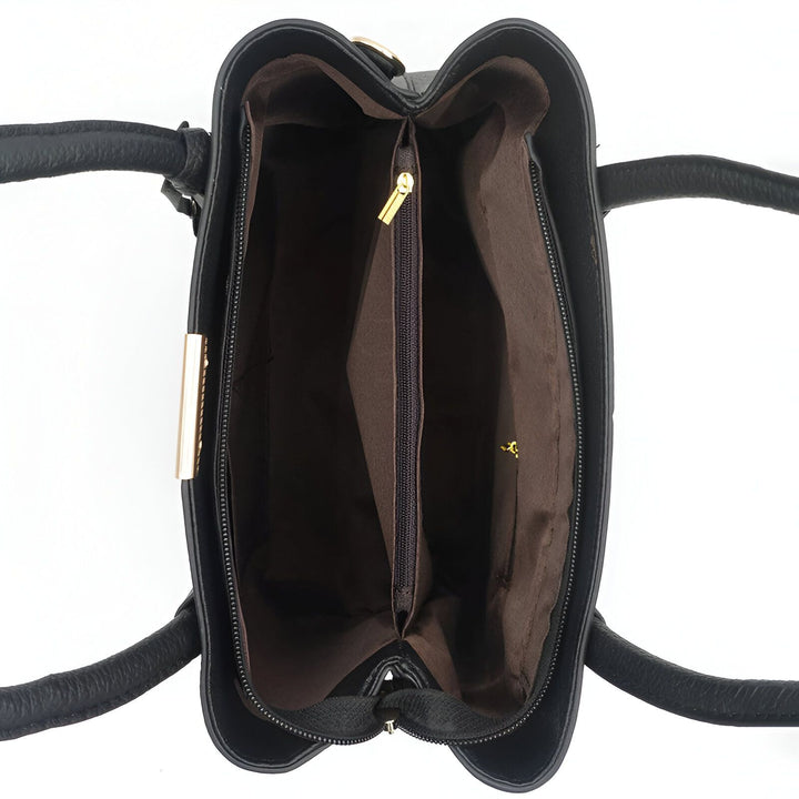 Vue du dessus d'un sac à main noir ouvert, intérieur marron avec poche zippée., 46194059018464,46194059051232,46194059084000,46194059116768,46194059149536