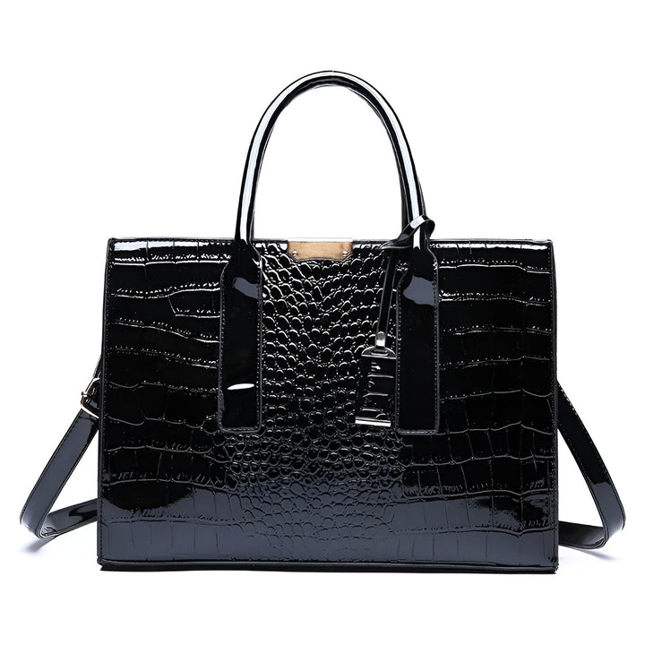 Sac à main noir texturé façon crocodile avec finition vernie, anses et bandoulière amovible., 46193872568544,46193872601312,46193872634080