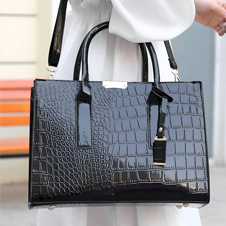 Sac à main noir brillant effet crocodile avec anses et bandoulière, 46193872568544,46193872601312,46193872634080