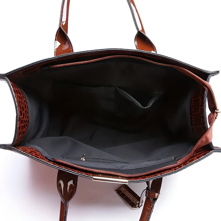 Sac à main marron effet crocodile ouvert, intérieur noir avec poches., 46193872568544,46193872601312,46193872634080