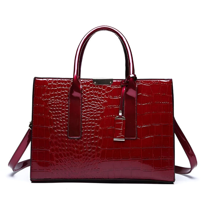 Sac à main rouge vernis effet croco avec poignées et bandoulière, 46193872568544,46193872601312,46193872634080