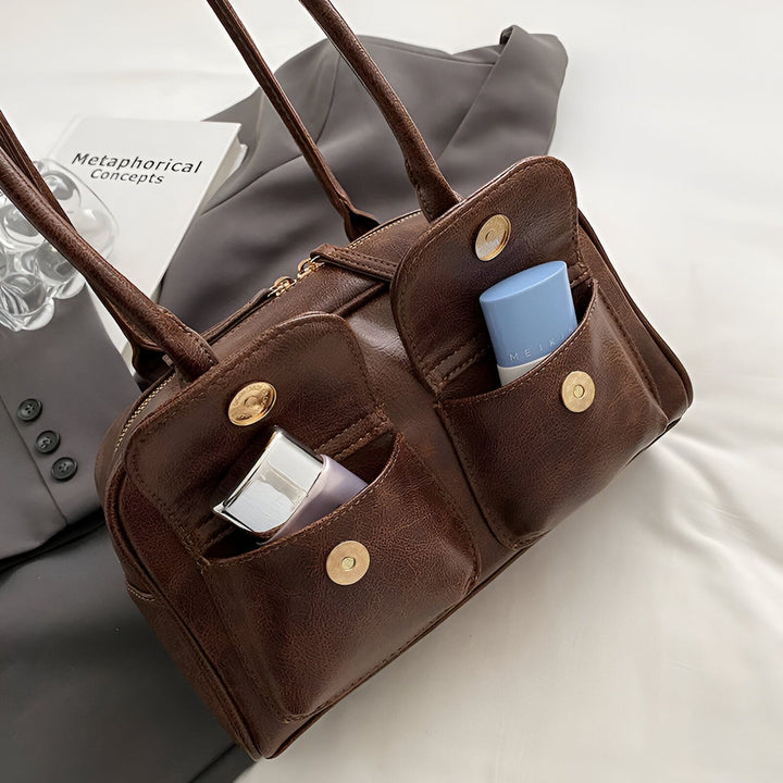 Sac à main marron style rétro en faux cuir avec poches frontales pratiques., 46193871290592,46193871323360,46193871356128,46193871388896
